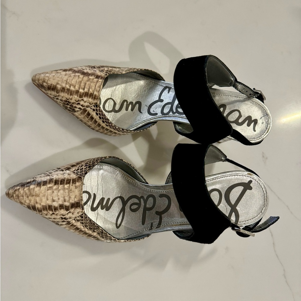 Sam Edelman leather & suede strap pumps, silver heel. pre-owned